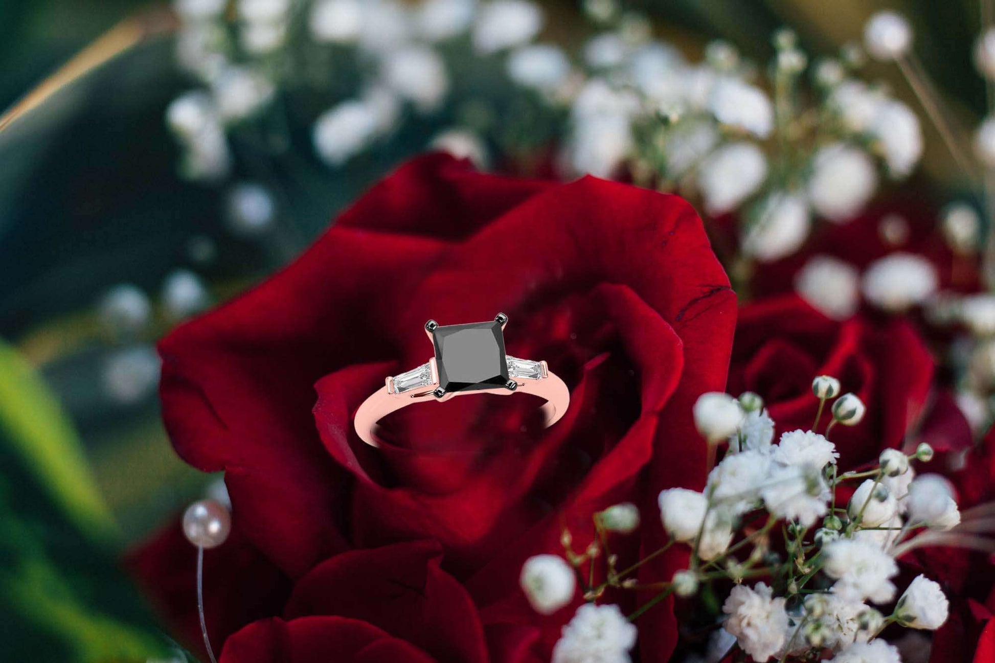 1.50 Carat Princess Black And White Baguette Diamond Engagement Rings For Women's In 10K Rose White Yellow Gold Mauli Jewels