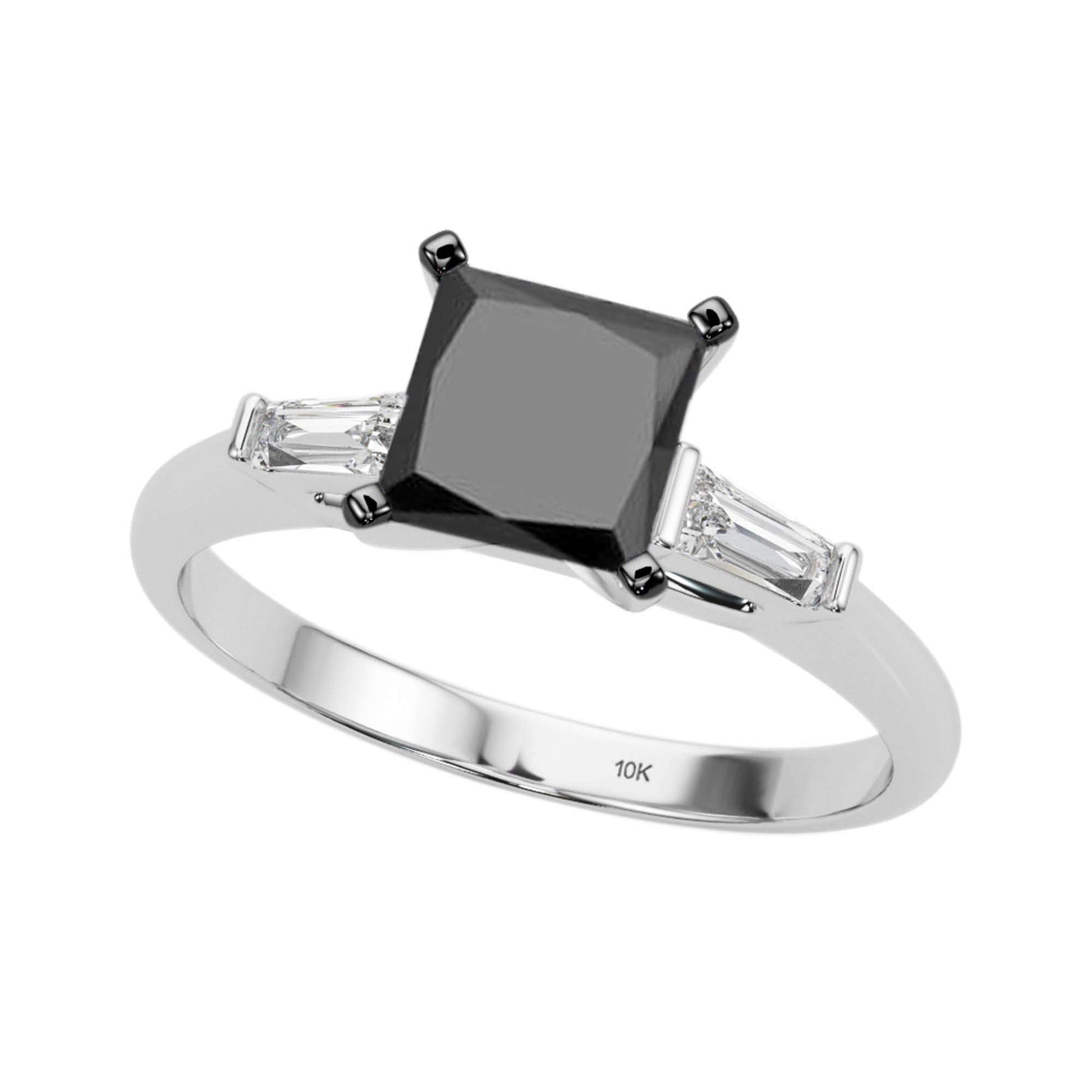 1.50 Carat Princess Black And White Baguette Diamond Engagement Rings For Women's In 10K Rose White Yellow Gold Mauli Jewels
