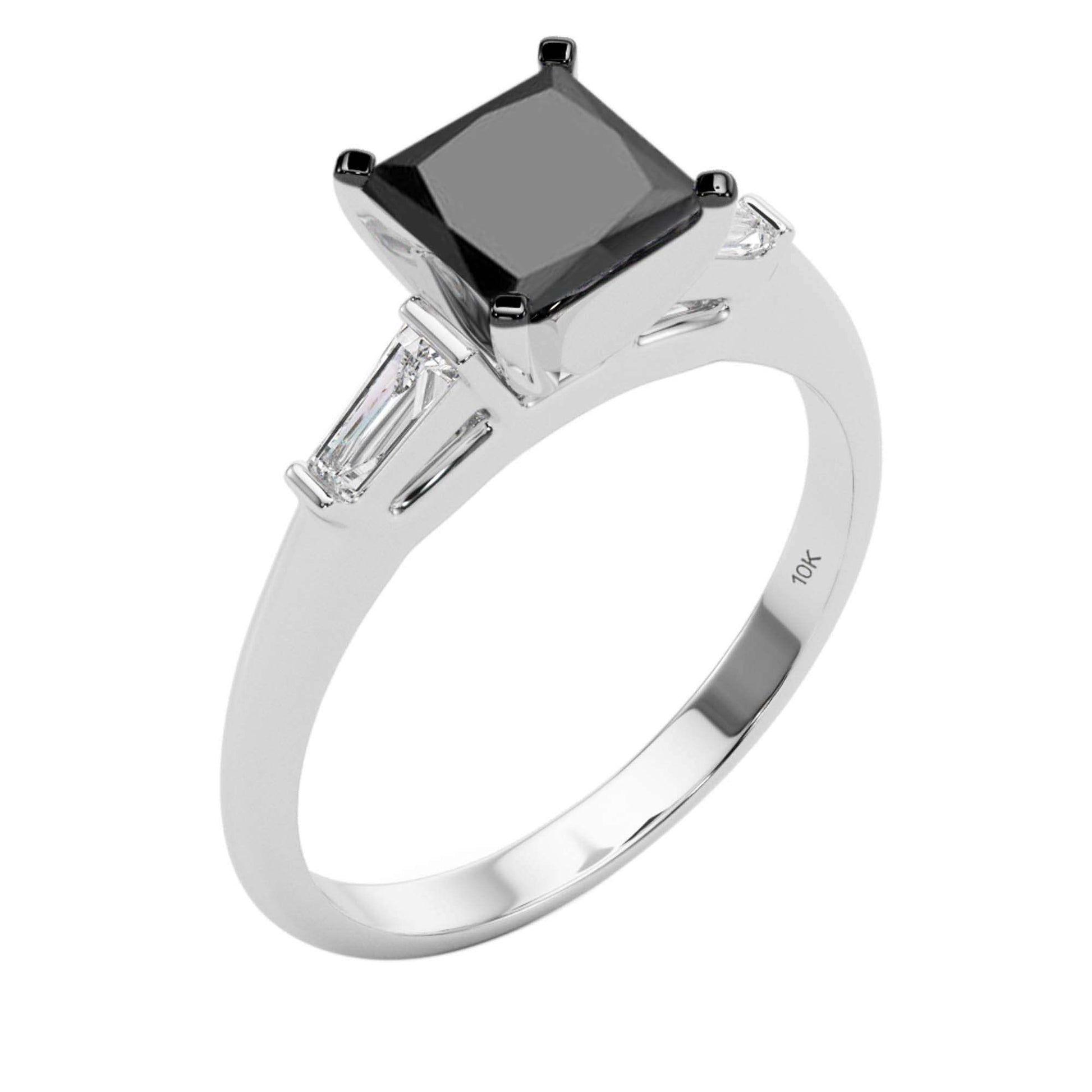 1.50 Carat Princess Black And White Baguette Diamond Engagement Rings For Women's In 10K Rose White Yellow Gold Mauli Jewels