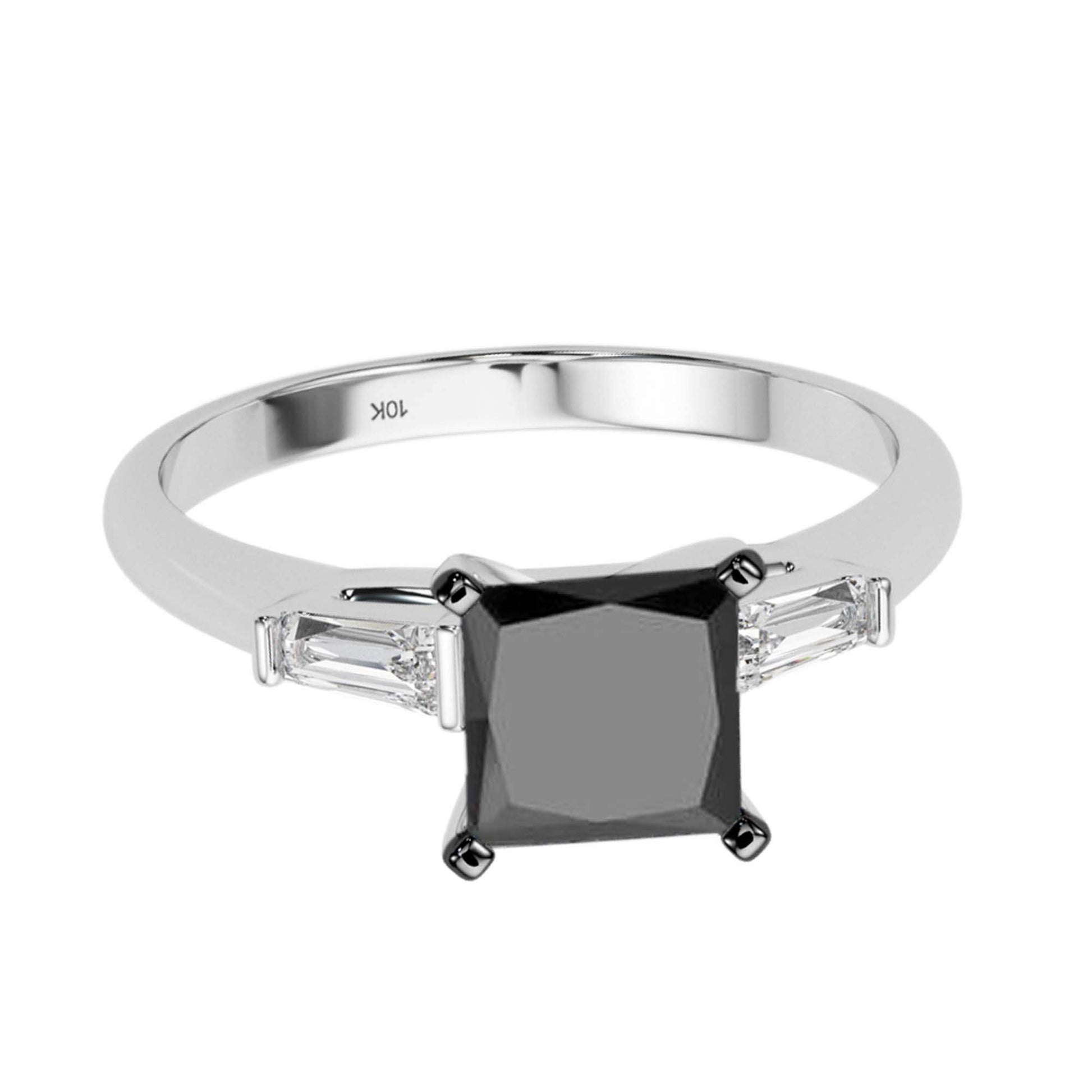 1.50 Carat Princess Black And White Baguette Diamond Engagement Rings For Women's In 10K Rose White Yellow Gold Mauli Jewels