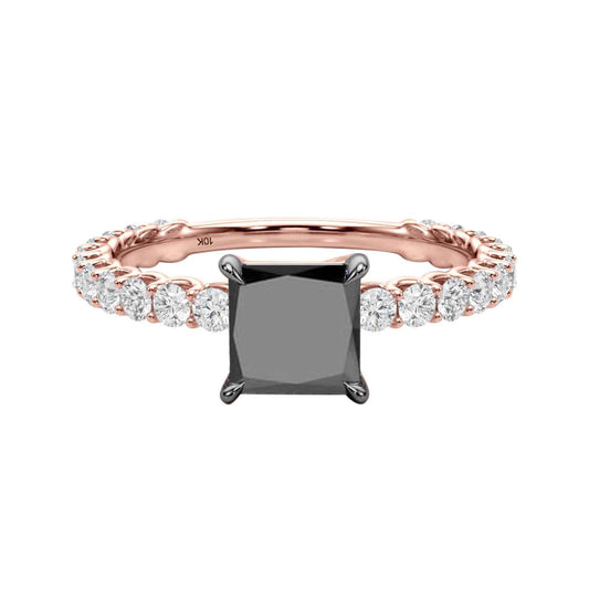 1.75 Carat Princess Cut Black And White Diamond Engagement Rings In 10K Solid Rose/ White and Yellow Gold Mauli Jewels