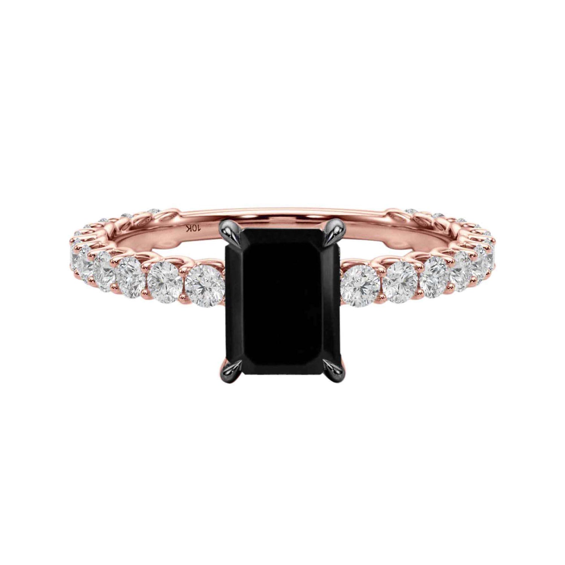 1.85 Carat Emerald Cut Black And White Round Diamond Engagement Rings In 10K Solid Rose/ White and Yellow Gold Mauli Jewels