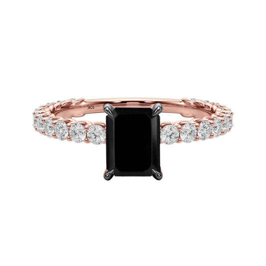 1.85 Carat Emerald Cut Black And White Round Diamond Engagement Rings In 10K Solid Rose/ White and Yellow Gold Mauli Jewels