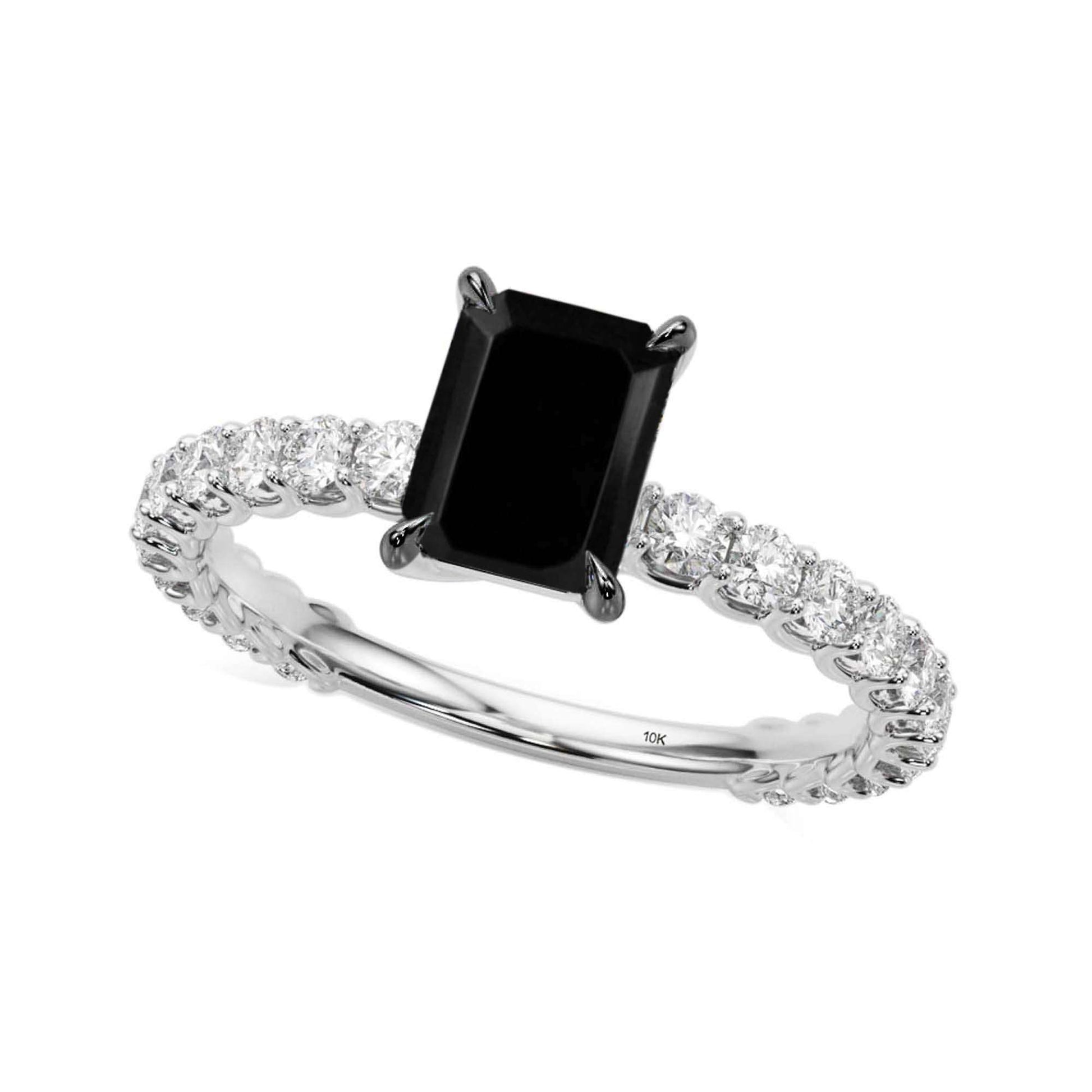 1.85 Carat Emerald Cut Black And White Round Diamond Engagement Rings In 10K Solid Rose/ White and Yellow Gold Mauli Jewels