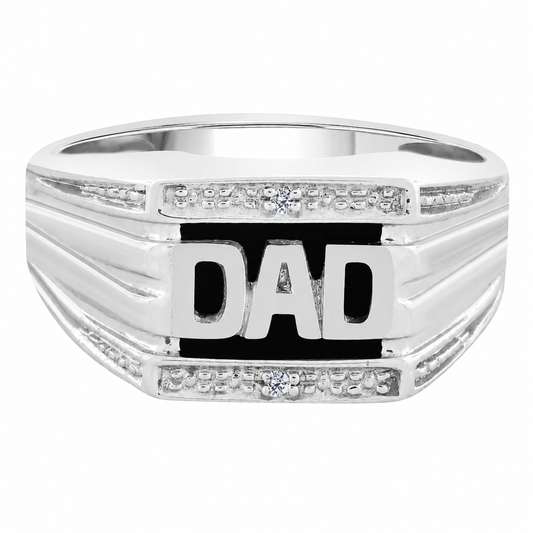 Mauli Jewels Men’s Diamond DAD Ring with Onyx in 10K White & Yellow Gold, 0.01 CT Genuine Diamond Engraved Father Ring, Prong Set Statement Ring for Men