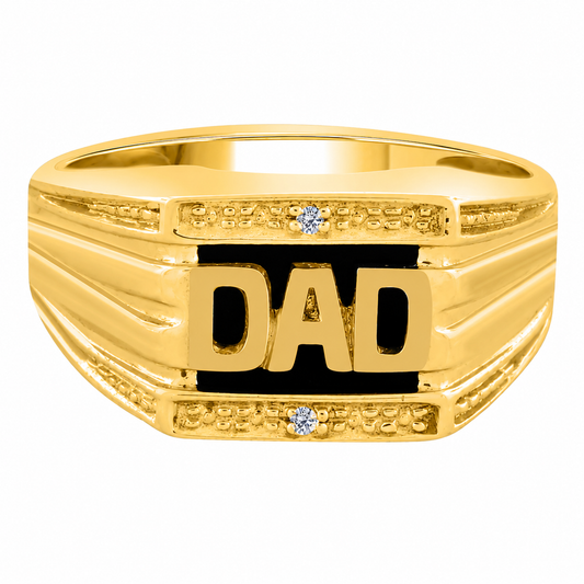 Mauli Jewels Men’s Diamond DAD Ring with Onyx in 10K White & Yellow Gold, 0.01 CT Genuine Diamond Engraved Father Ring, Prong Set Statement Ring for Men