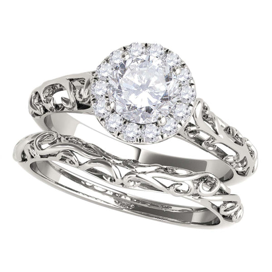 MauliJewels 1/2 Carat Lab Grown Diamond Halo Engagement Ring Bridal Set, 10K White or Yellow Gold, Antique 4-Prong Round Diamond Wedding Ring