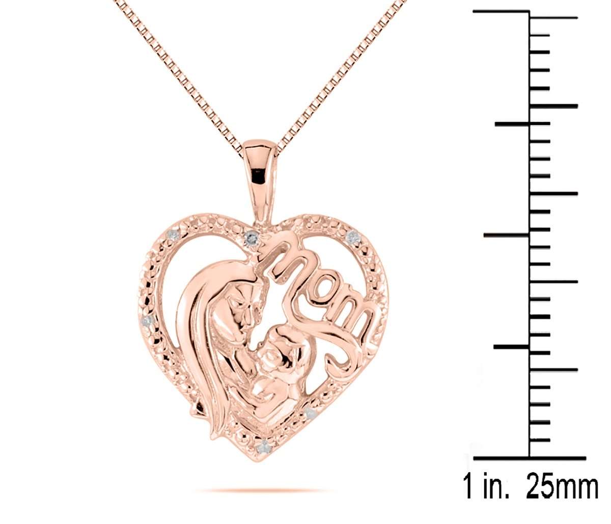 Mothers Day Gift 0.03 Carat Diamond Heart Mom Pendant Necklace 10K Gold With 18'' Rhodium Plated Silver Chain Mauli Jewels