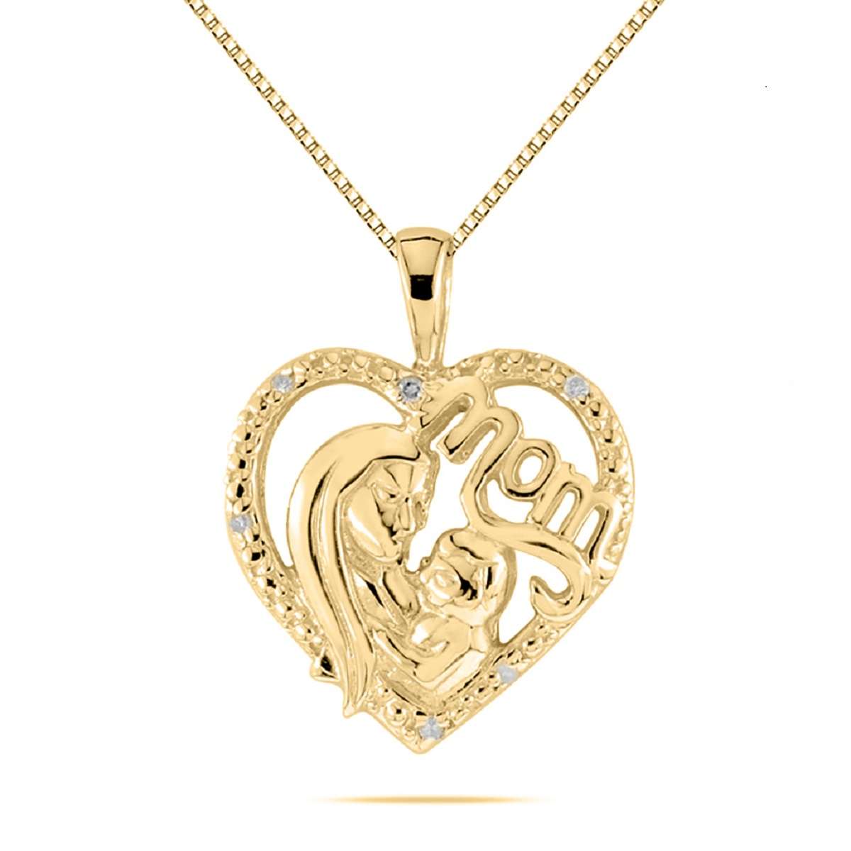 Mothers Day Gift 0.03 Carat Diamond Heart Mom Pendant Necklace 10K Gold With 18'' Rhodium Plated Silver Chain Mauli Jewels