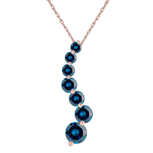 1.00 Carat Natural Blue Diamond 7 Stone Journey Pendant Necklace For Women In 14K Rose White & Yellow Gold With 18" Box Chain Mauli Jewels