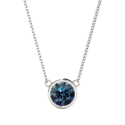 Mauli Jewels 10K Gold Round Blue Moissanite Bezel-Set Pendant Necklace for Women, 1.20 CTW, D-VS1/VS2 Clarity with 18inch Silver Cable Chain