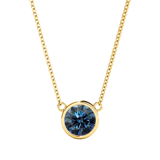 Mauli Jewels 10K Gold Round Blue Moissanite Bezel-Set Pendant Necklace for Women, 1.20 CTW, D-VS1/VS2 Clarity with 18inch Silver Cable Chain