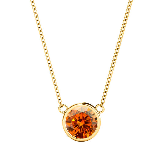 Mauli Jewels 10K Gold Round Orange Moissanite Bezel-Set Pendant Necklace for Women, 1.20 CTW, D-VS1/VS2 Clarity with 18inch Silver Cable Chain