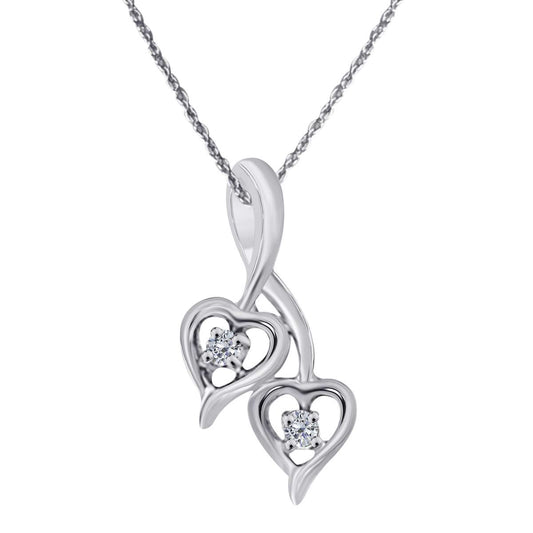 0.10 Carat Two-Stone Double Heart Necklace Pendant in 10K White, Rose & Yellow Gold with 18" Chain Mauli Jewels