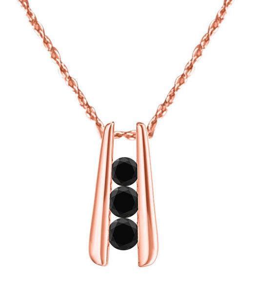 1.00 Carat Three Stone Channel Set Black Diamond Pendant for Women In 14K Rose White & Yellow Gold With 18" Box Chain Mauli Jewels