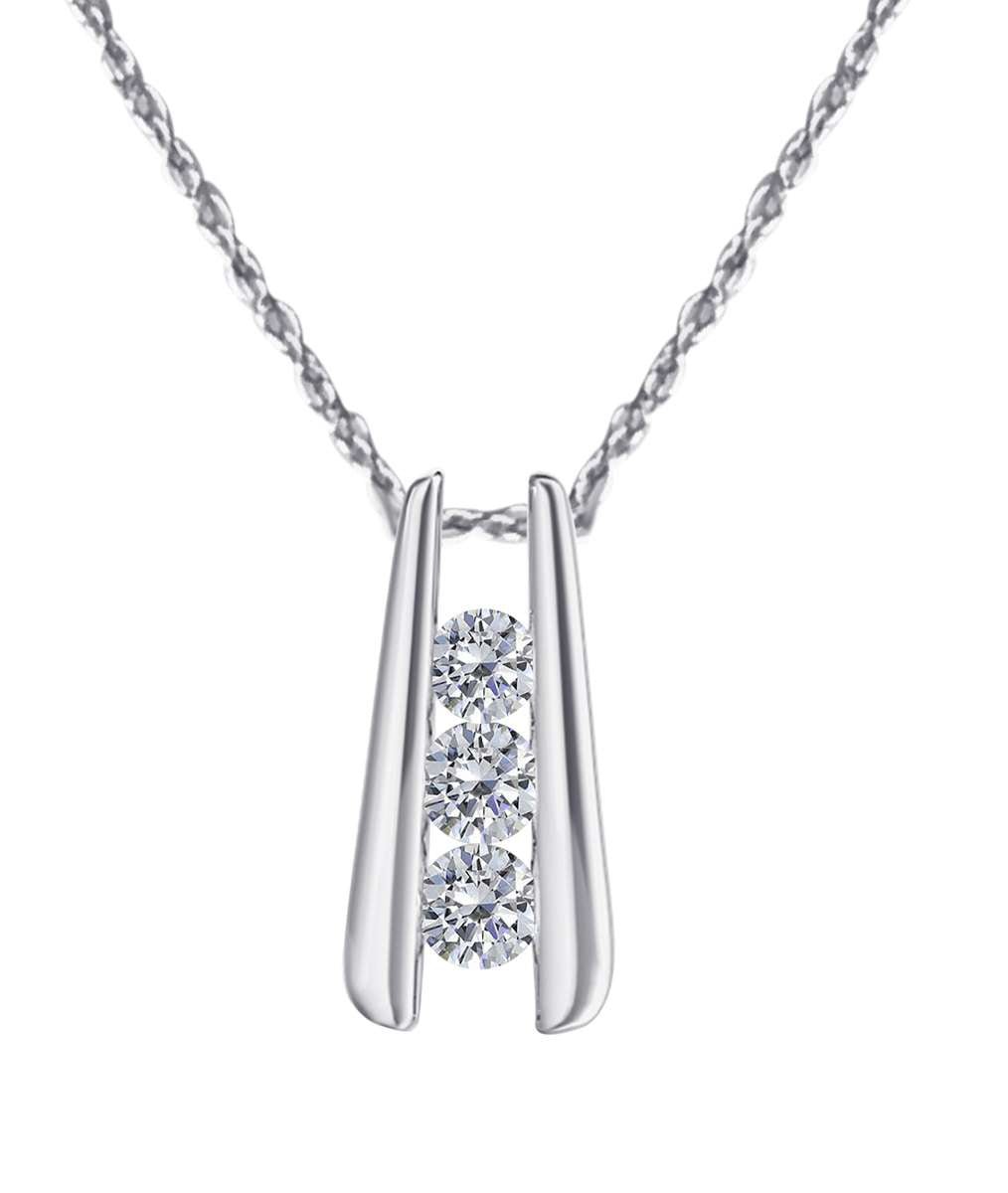 0.25 Ct - 0.50 Ct Diamond Channel Set 3 Stone Pendant Necklace For Women In 14K Rose White & Yellow Gold With 18" Box Chain Mauli Jewels
