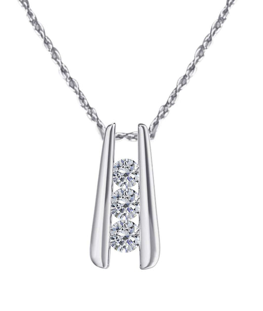 0.25 Ct - 0.50 Ct Diamond Channel Set 3 Stone Pendant Necklace For Women In 14K Rose White & Yellow Gold With 18" Box Chain Mauli Jewels
