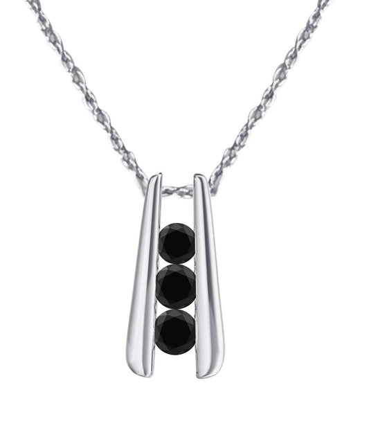 1.00 Carat Three Stone Channel Set Black Diamond Pendant for Women In 14K Rose White & Yellow Gold With 18" Box Chain Mauli Jewels