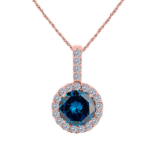 1.15 Carat Halo Blue Diamond Necklace Pendant for Women In 14K Rose White & Yellow Gold With 18" Box Chain Mauli Jewels