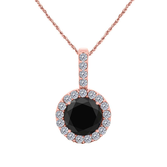 1.15 Carat Natural Black Halo White Diamond Prong Set Necklace Pendant for Women In 14K Rose White & Yellow Gold With 18" Box Chain Mauli Jewels