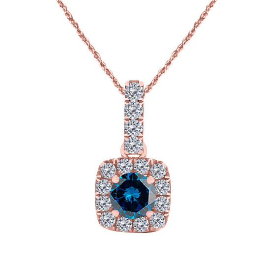 0.75 Carat Halo Blue Diamond Necklace Pendant for Women In 10K White Rose & Yellow Gold With 18" Box Chain Mauli Jewels