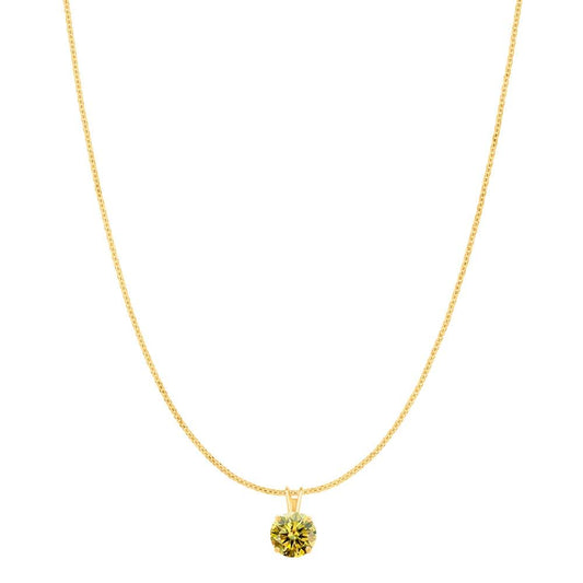 Mauli Jewels Women's 14k Gold 0.25ct Lemon Yellow Moissanite Round Pendant with Gold Plated Silver Chain, 4MM, 4-Prong Setting
