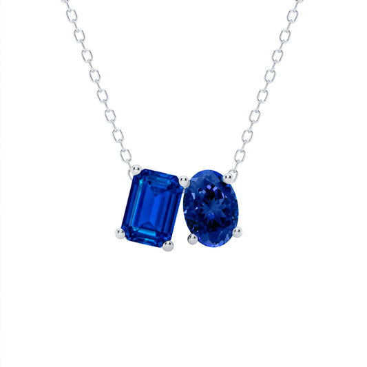 Mauli Jewels Toi Et Moi Pendant Necklace for Women in 14K White & Yellow Gold Over 925 Sterling Silver, 2.00 CTW Lab Created Emerald & Oval Cut Tanzanite Pendant with 18" Gold Plated Chain