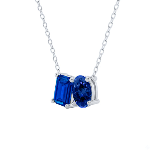 Mauli Jewels Toi Et Moi Pendant Necklace for Women in 14K White & Yellow Gold Over 925 Sterling Silver, 2.00 CTW Lab Created Emerald & Oval Cut Tanzanite Pendant with 18" Gold Plated Chain