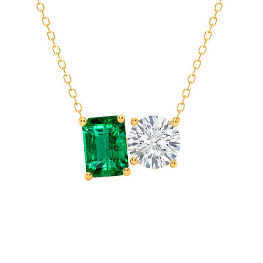 Mauli Jewels 14K Gold 2.00 Carat Lab Grown Diamond and Lab Created Emerald Toi Et Moi Pendant Necklace for Women | AAA Color | With Gold Cable Chain