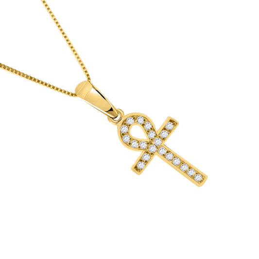 MauliJewels Engagement Necklace for Women 0.20 Carat Diamond Ankh-Cross Pendant With 18" Box Chain 4 Prong-Setting 10K Yellow Gold Genuine Diamond Wedding Jewelry Collection Mauli Jewels