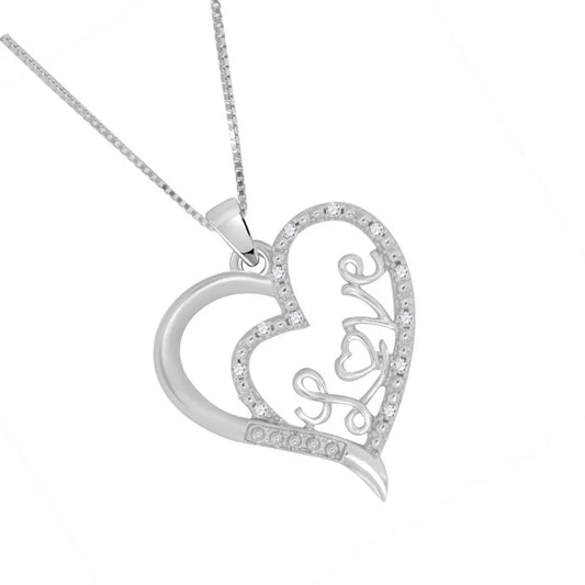 Real Diamond Love in Heart Sterling Silver Heart-Shaped Pendant Necklace (18")