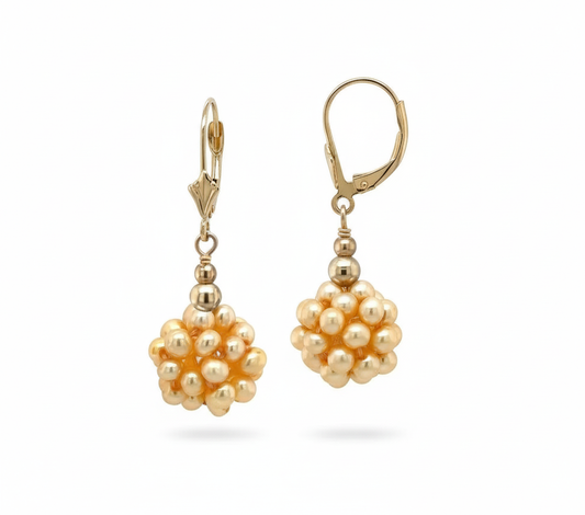 Mauli Jewels Freshwater Pearl Cluster Leverback Earrings 14K Yellow Gold, Dangle Drop Earrings for Women, Bridal Jewelry, Wedding, Anniversary & Christmas Gift