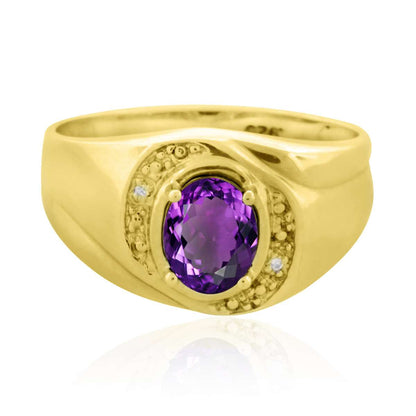 0.95 Carat Oval Shape Amethyst And Round White Diamond Men's Gemstone Ring In 10K White & Yellow Gold