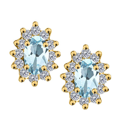 1.25 Carat Oval Shape Aquamarine and Diamond Gemstone Halo Stud Earrings In 10K White & Yellow Gold With Backs