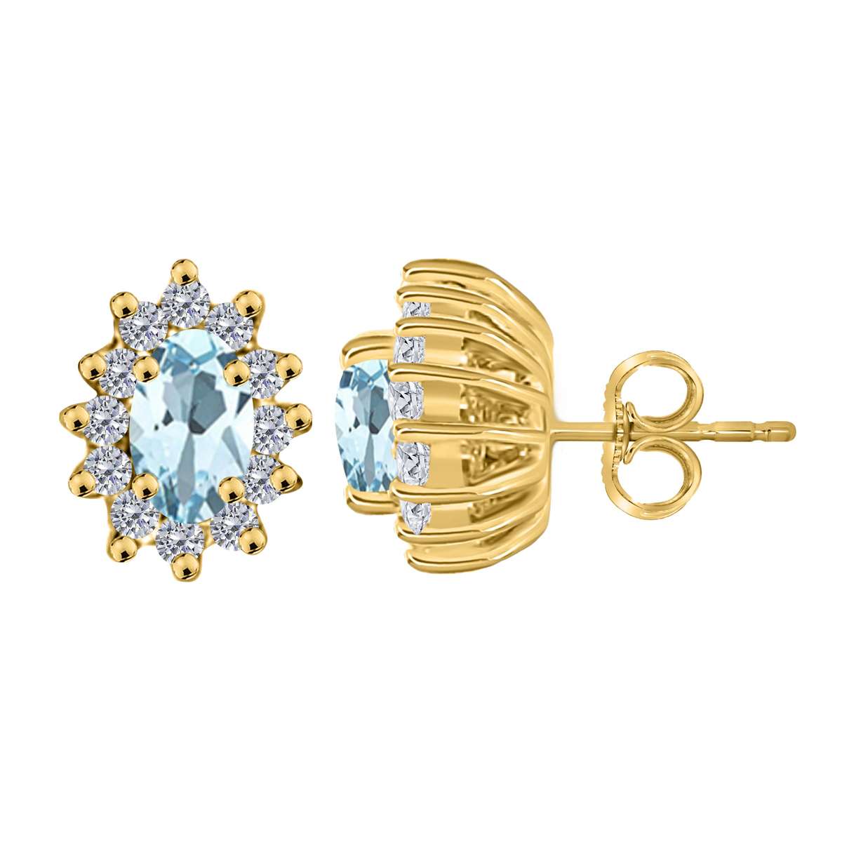 1.25 Carat Oval Shape Aquamarine and Diamond Gemstone Halo Stud Earrings In 10K White & Yellow Gold With Backs