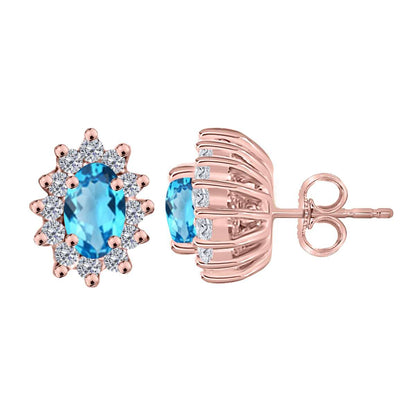 1.25 Carat Oval Shape Blue-topaz and Diamond Gemstone Halo Stud Earrings In 10K Rose White & Yellow Gold With Backs