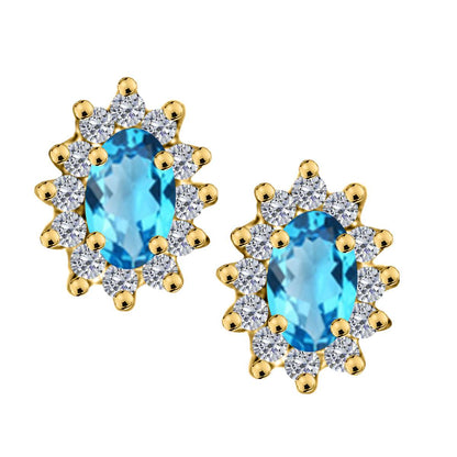 1.25 Carat Oval Shape Blue-topaz and Diamond Gemstone Halo Stud Earrings In 10K Rose White & Yellow Gold With Backs