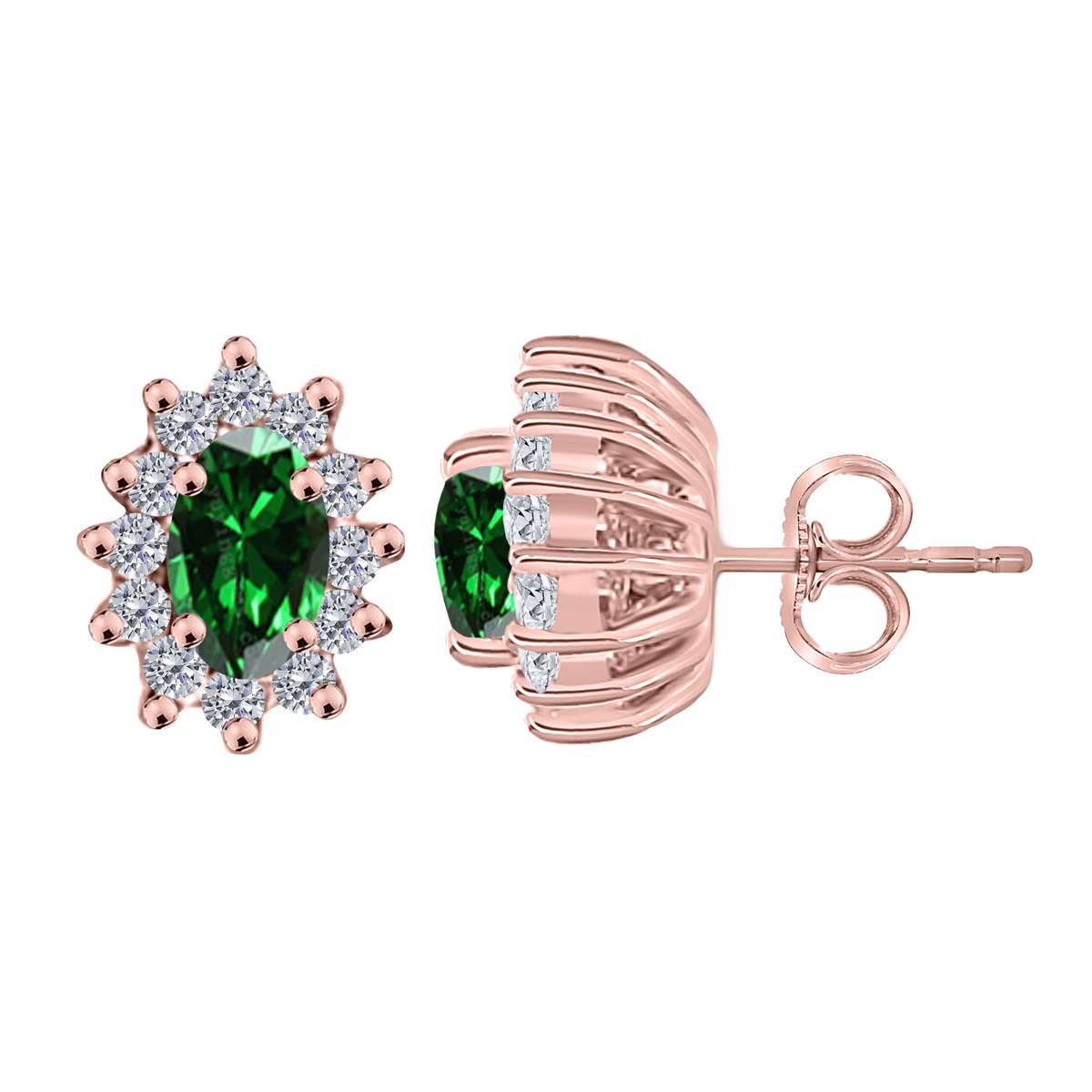 1.25 Carat Oval Shape Emerald and Diamond Gemstone Halo Stud Earrings In 10K White & Yellow Gold With Backs