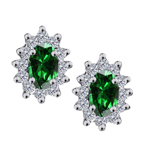 1.25 Carat Oval Shape Emerald and Diamond Gemstone Halo Stud Earrings In 10K White & Yellow Gold With Backs