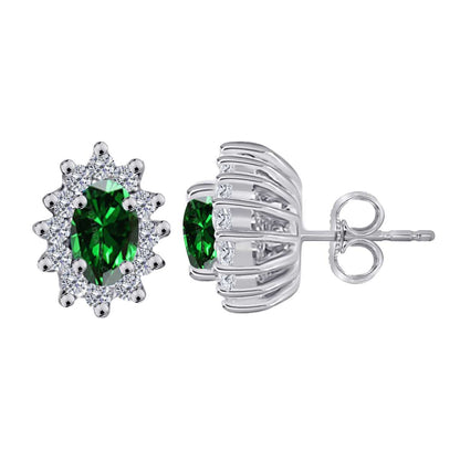 1.25 Carat Oval Shape Emerald and Diamond Gemstone Halo Stud Earrings In 10K White & Yellow Gold With Backs