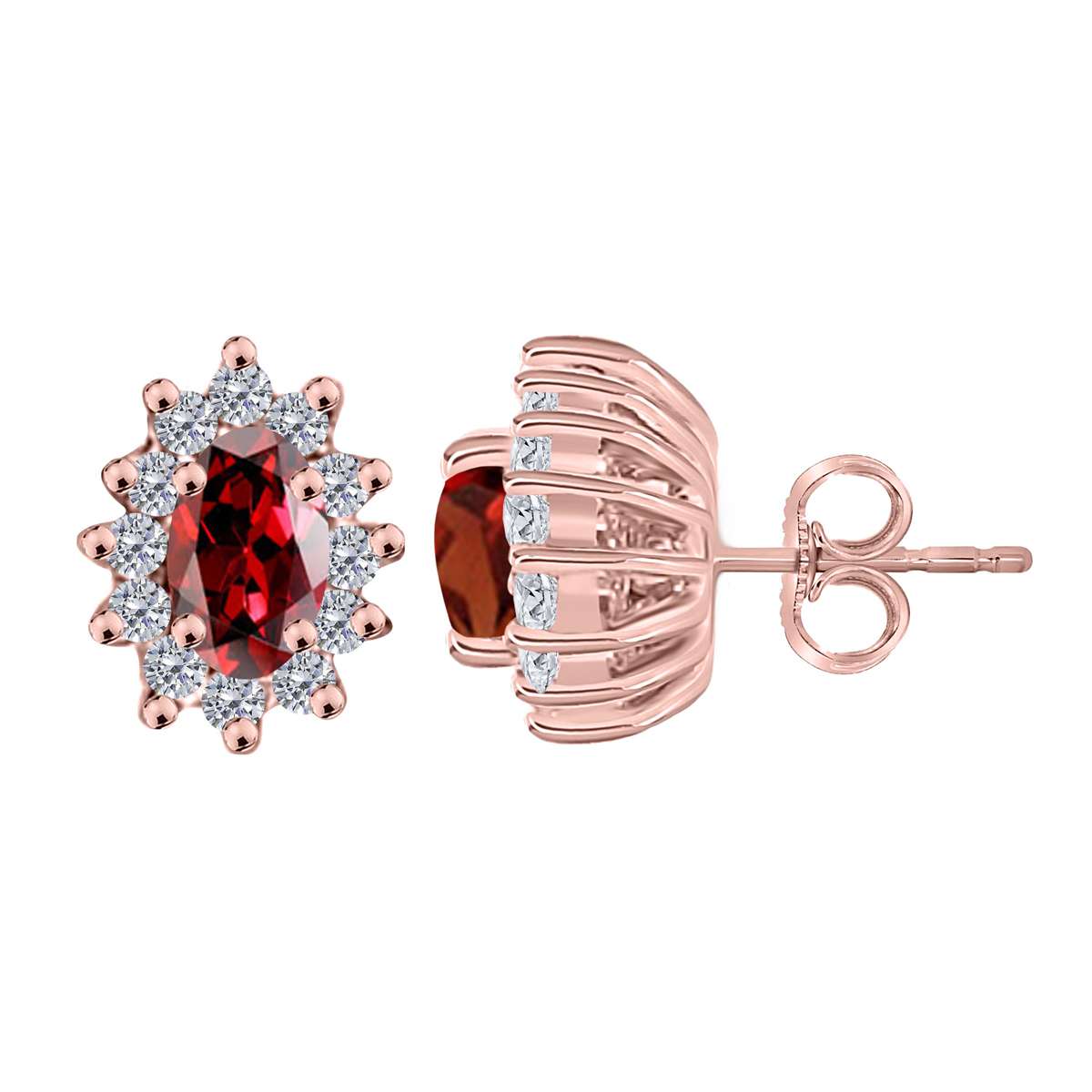 1.25 Carat Oval Shape Garnet and Diamond Gemstone Halo Stud Earrings In 10K White & Yellow Gold With Backs