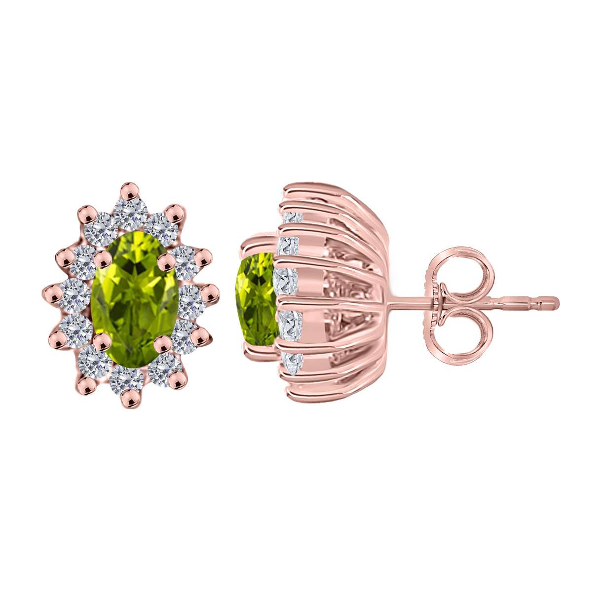 1.25 Carat Oval Shape Peridot and Diamond Gemstone Halo Stud Earrings In 10K White & Yellow Gold With Backs