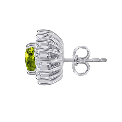 1.25 Carat Oval Shape Peridot and Diamond Gemstone Halo Stud Earrings In 10K White & Yellow Gold With Backs