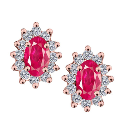 Ruby and 1.25 Carat White Diamond Halo Gemstone Stud Earrings With Secure Backs In 10K Rose White Yellow Gold