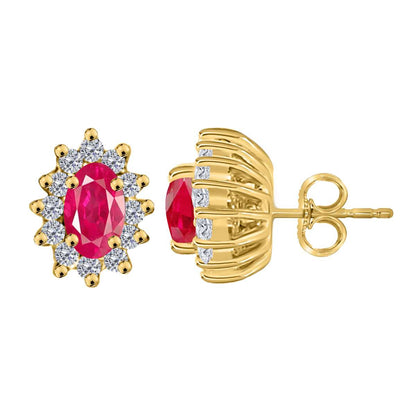 Ruby and 1.25 Carat White Diamond Halo Gemstone Stud Earrings With Secure Backs In 10K Rose White Yellow Gold