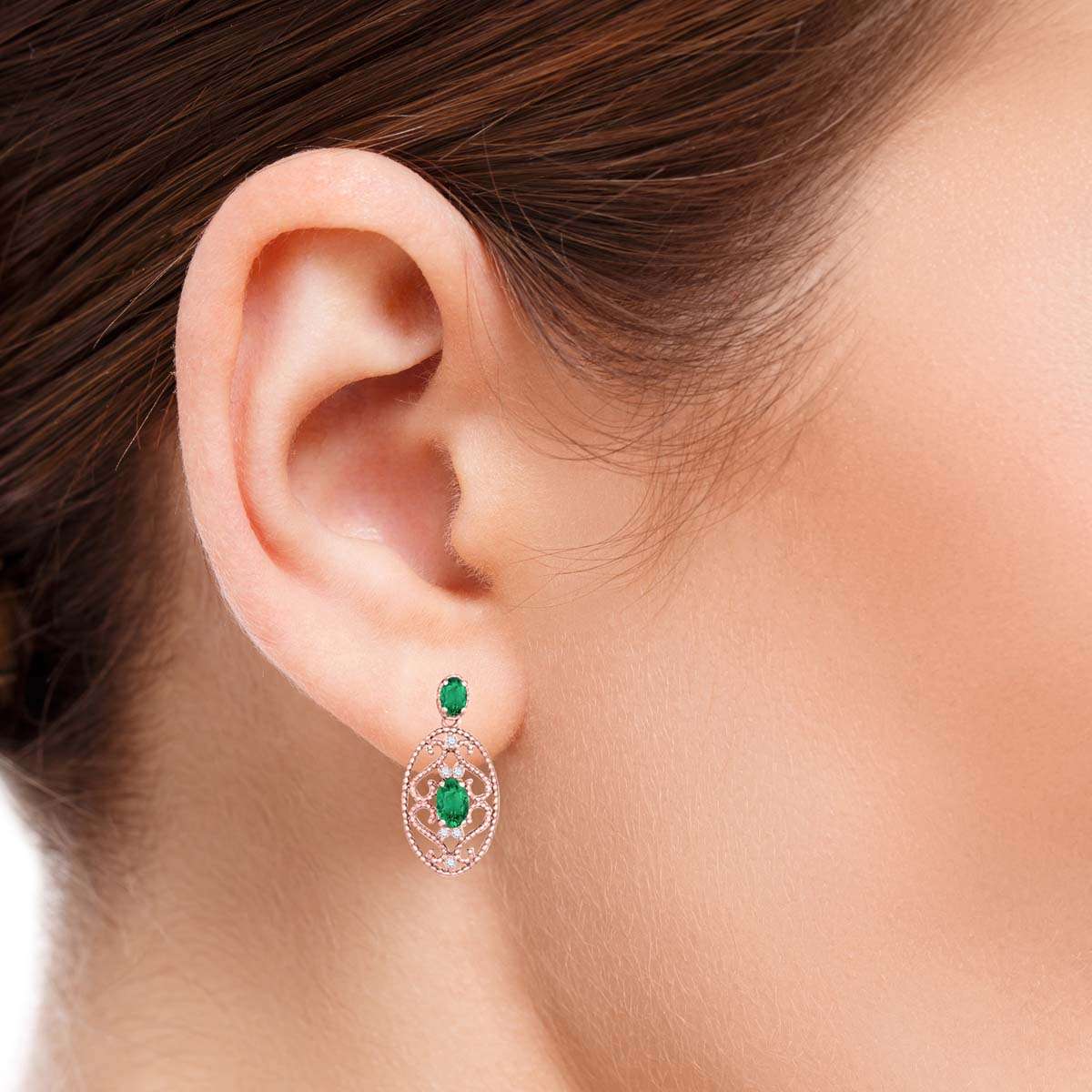 1.55 Carat Oval Shape Emerald and White Diamond Gemstone Earrings For Women In 10K Rose White & Yellow Gold