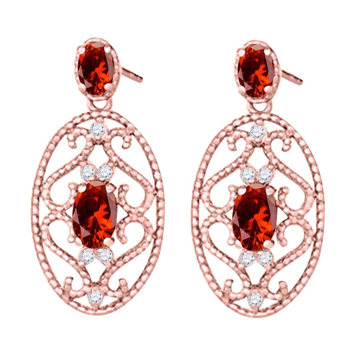 1.55 Carat Oval Shape Garnet and White Diamond Designer Gemstone Earrings For Women In 10K Rose White & Yellow Gold