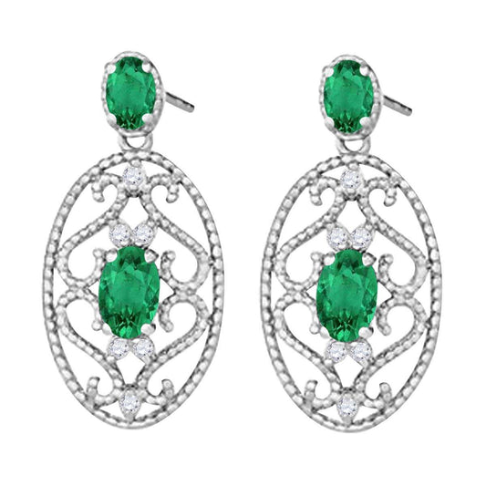 1.55 Carat Oval Shape Emerald and White Diamond Gemstone Earrings For Women In 10K Rose White & Yellow Gold