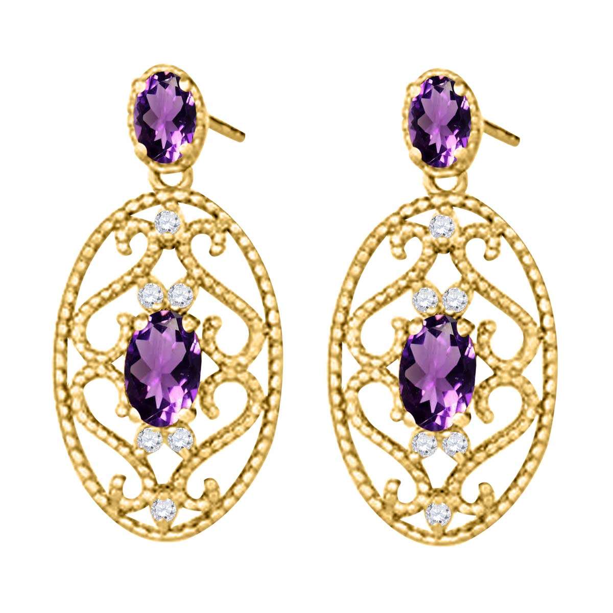 Maulijewels 1.55 Carat Oval Shape Amethyst and White Diamond Designer Gemstone Earrings For Women In 10K Rose White & Yellow Gold