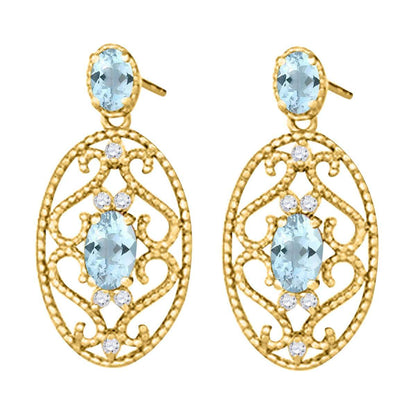 1.55 Carat Oval Shape Aquamarine And Natural Diamond Gemstone Earrings for Women In 10K White Rose & Yellow Gold